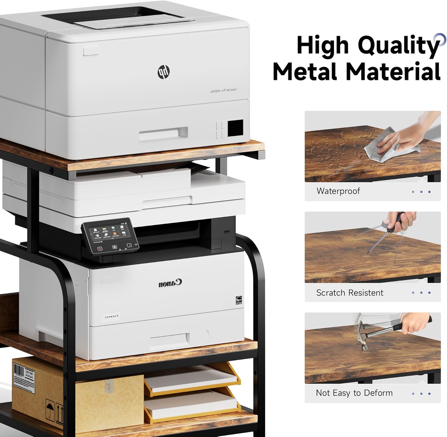 Printer Stand with Adjustable Storage Shelf - 20x16 inches Large Printer Table with Wheels - 3 Tier Rolling Printer Cart