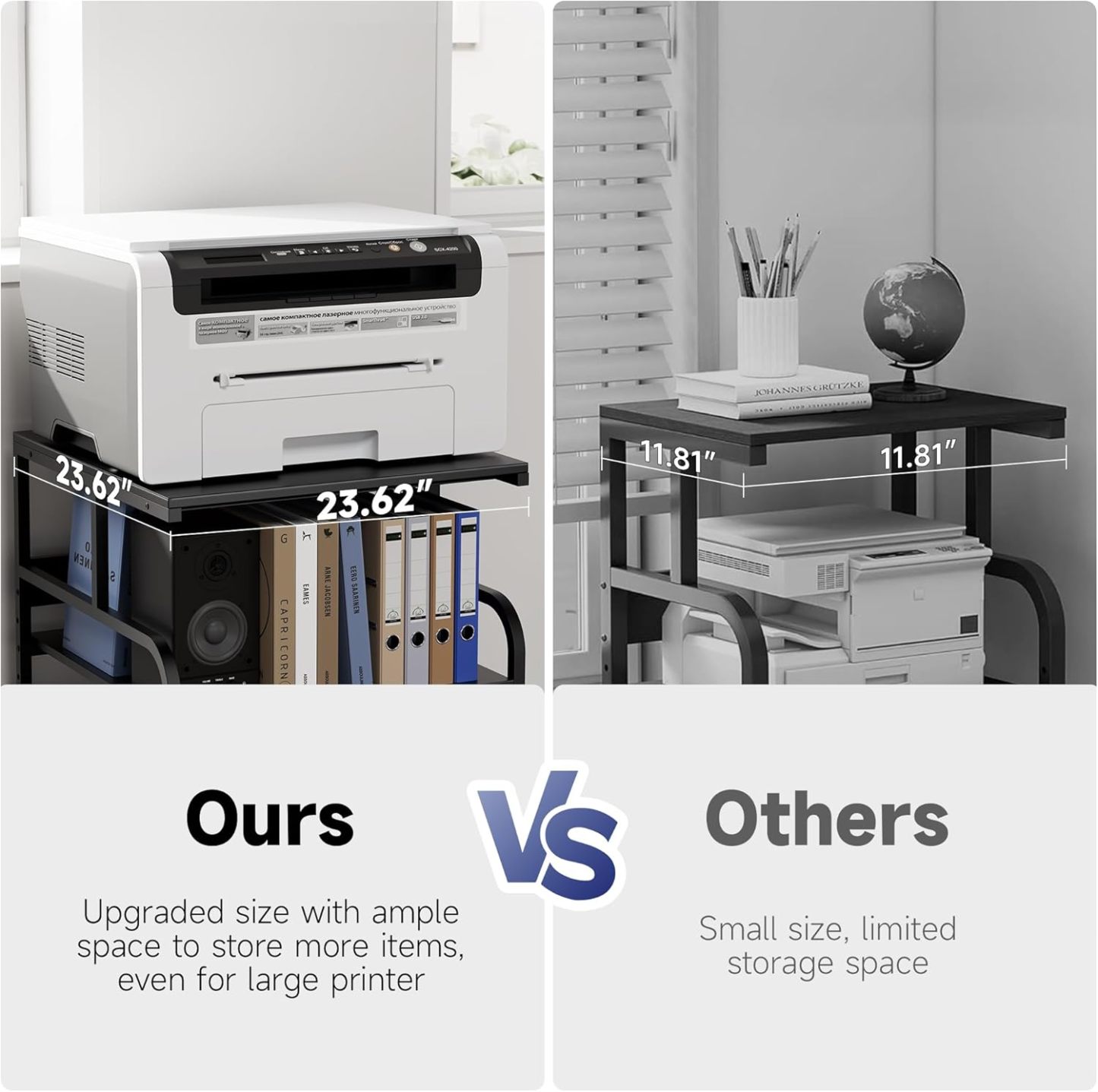 Printer Stand with Adjustable Storage Shelf - Large Printer Table with Wheels - 3 Tier Rolling Printer Cart