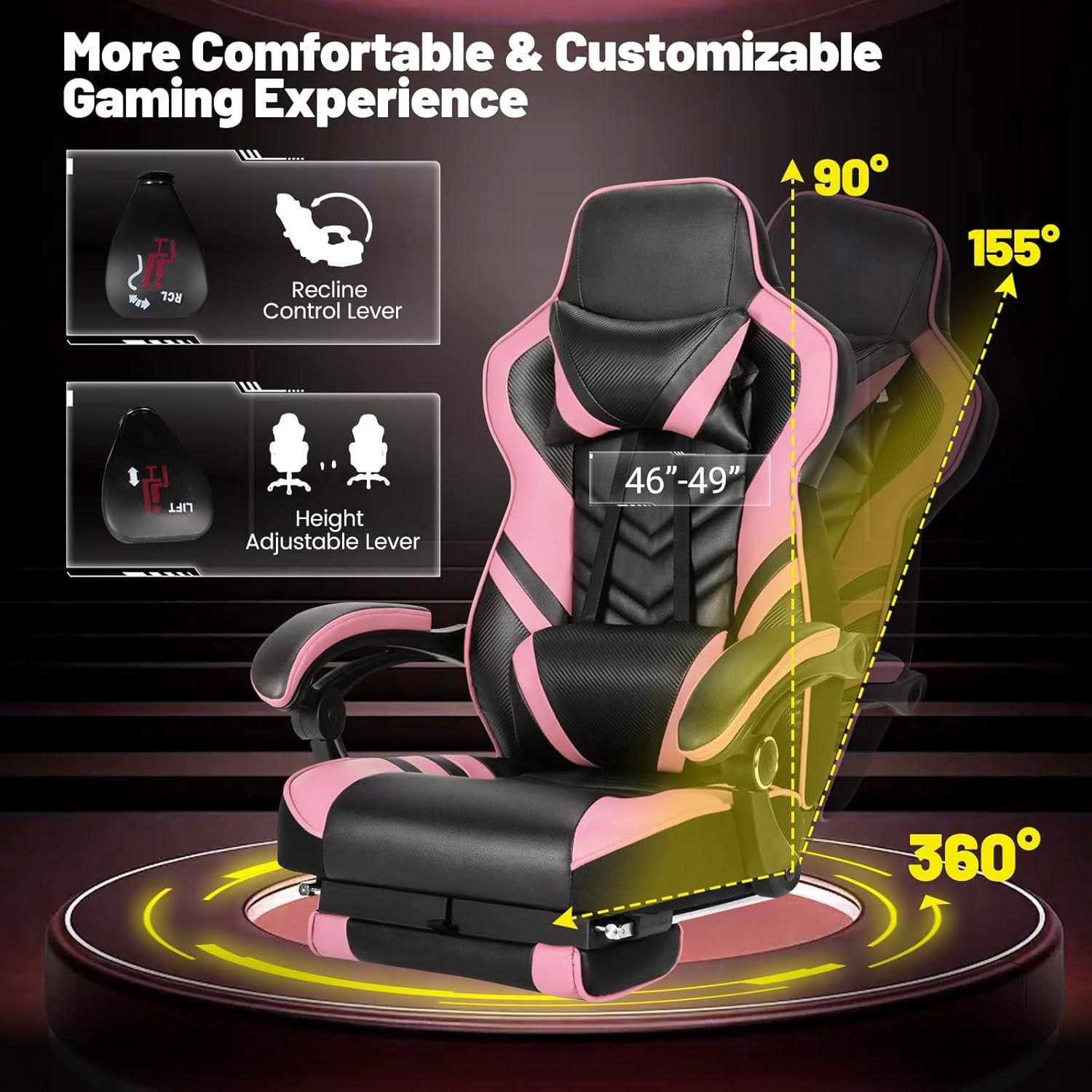 Computer Chair with Footrest and Lumbar Support, Height Adjustable Executive Swivel Rolling Task Chair with 90°-155° Tilt Function (Pink)
