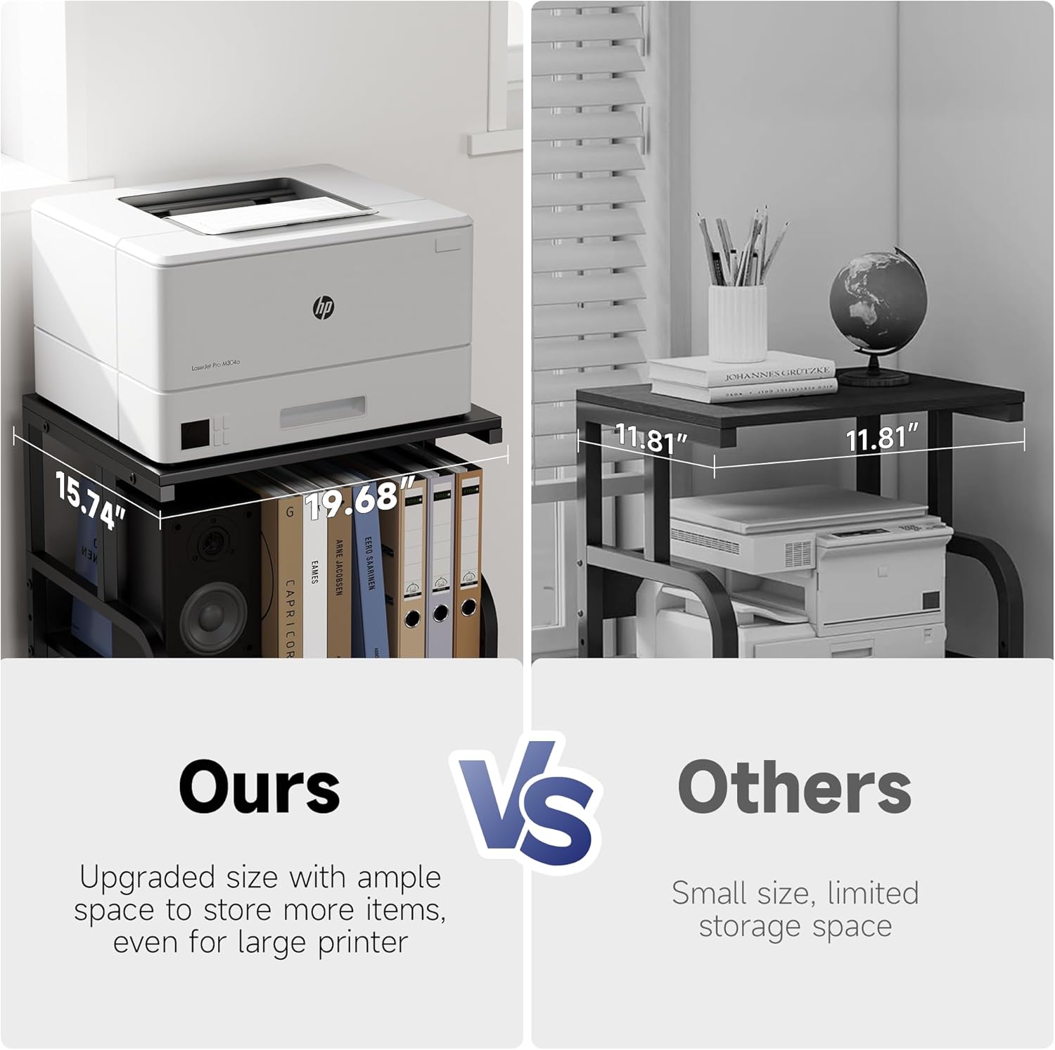 Printer Stand with Adjustable Storage Shelf - 20x16 inches Large Printer Table with Wheels - 3 Tier Rolling Printer Cart