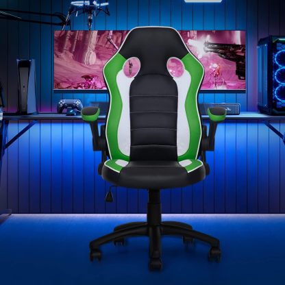 Computer Gaming Chair in Green Ergonomic Video Game Adjustable Swivel Task Chair Padded Flip-up Arms with Wheels for Teens Adults Gamer, Black/Green
