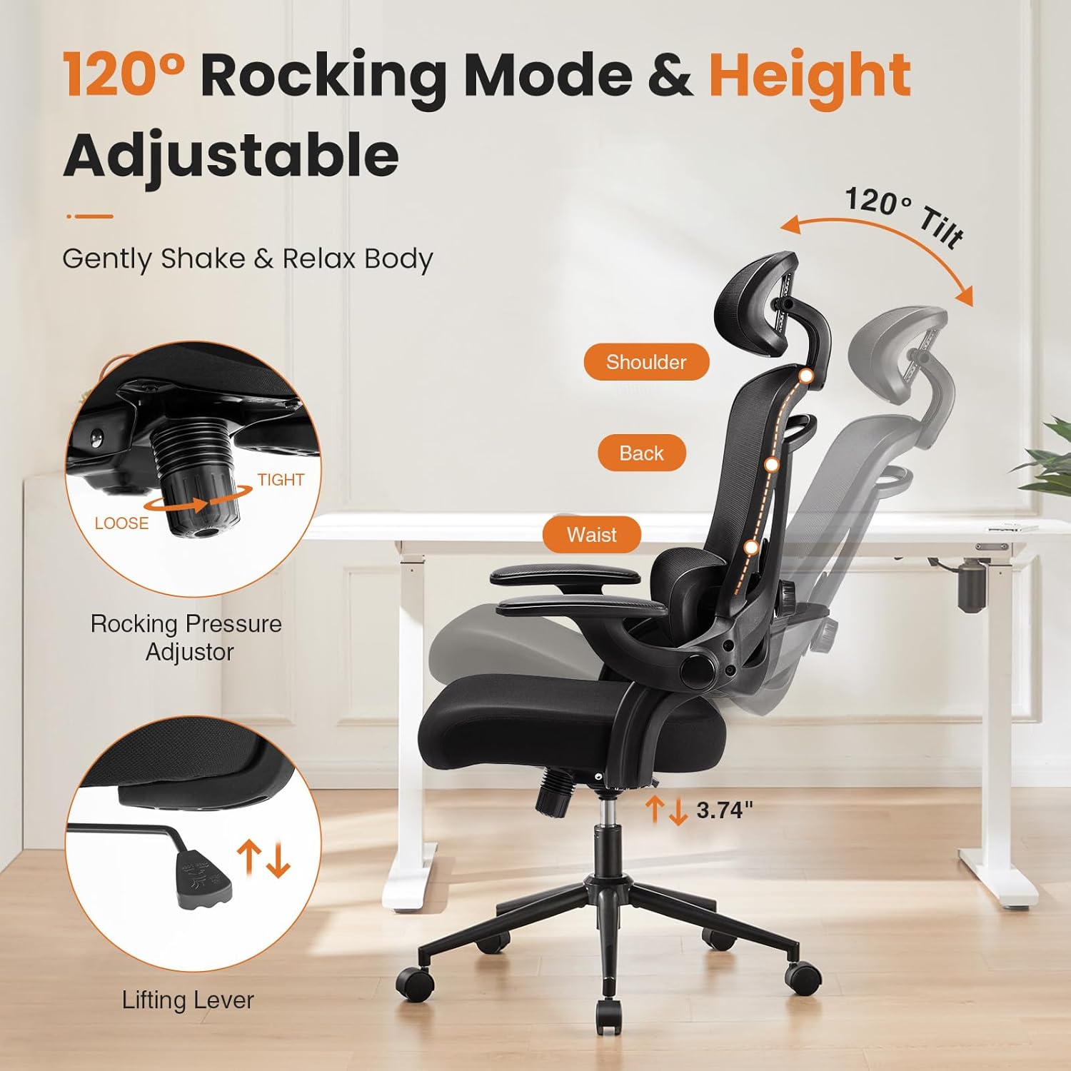 Ergonomic Office Chair with Headrest Adjustable Lumbar Support Flip-up Armrests Mesh High Back Adjustable Height Computer Desk Gaming Chair with Flip-up Armrests,120°Tilt, Black
