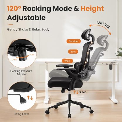Ergonomic Office Chair with Headrest Adjustable Lumbar Support Flip-up Armrests Mesh High Back Adjustable Height Computer Desk Gaming Chair with Flip-up Armrests,120°Tilt, Black