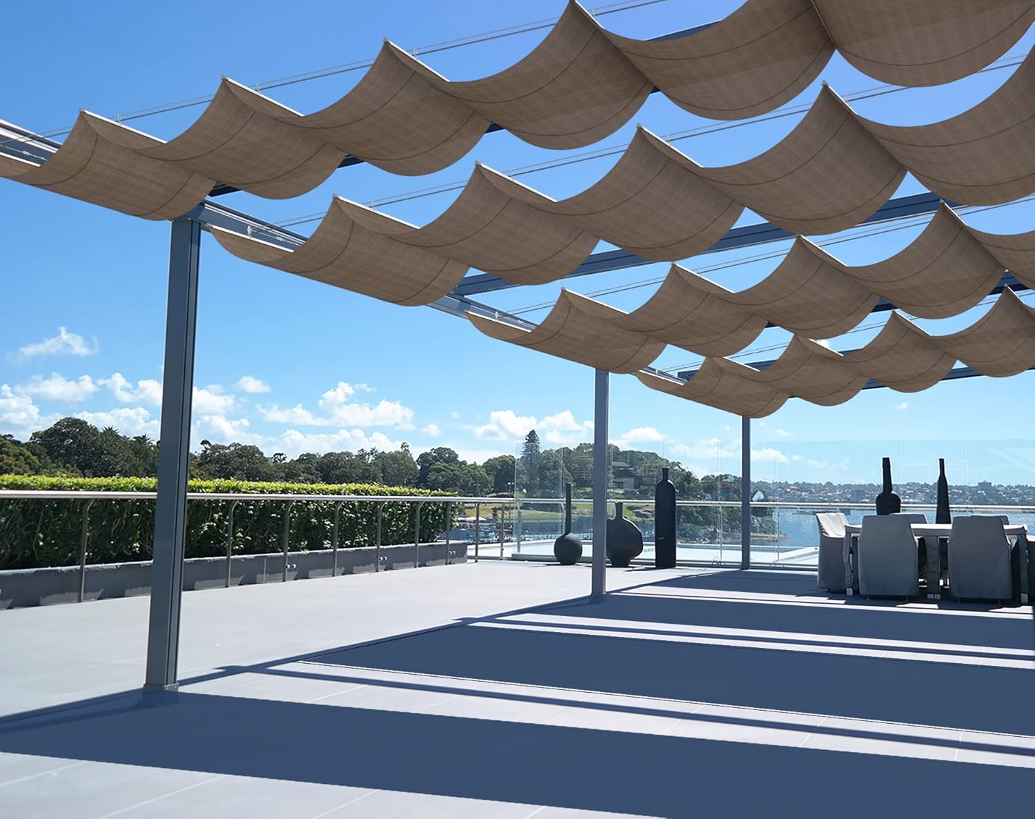 4'x16' Retractable Pergola Shade Cover Wave Shade Sail Replacement Canopy with Hardware Sun Shade for Patio Porch Yard Garden Outdoor