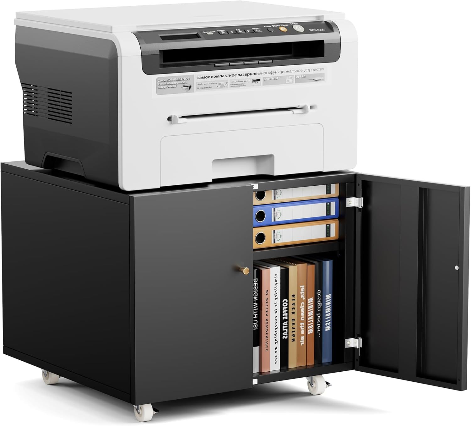 Metal Printer Stand with Storage Mobile Printer Tables for Small Spaces with Door Adjustable Shelf Black File Cabinet on Wheels for Home Office