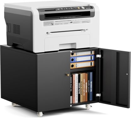 Metal Printer Stand with Storage Mobile Printer Tables for Small Spaces with Door Adjustable Shelf Black File Cabinet on Wheels for Home Office