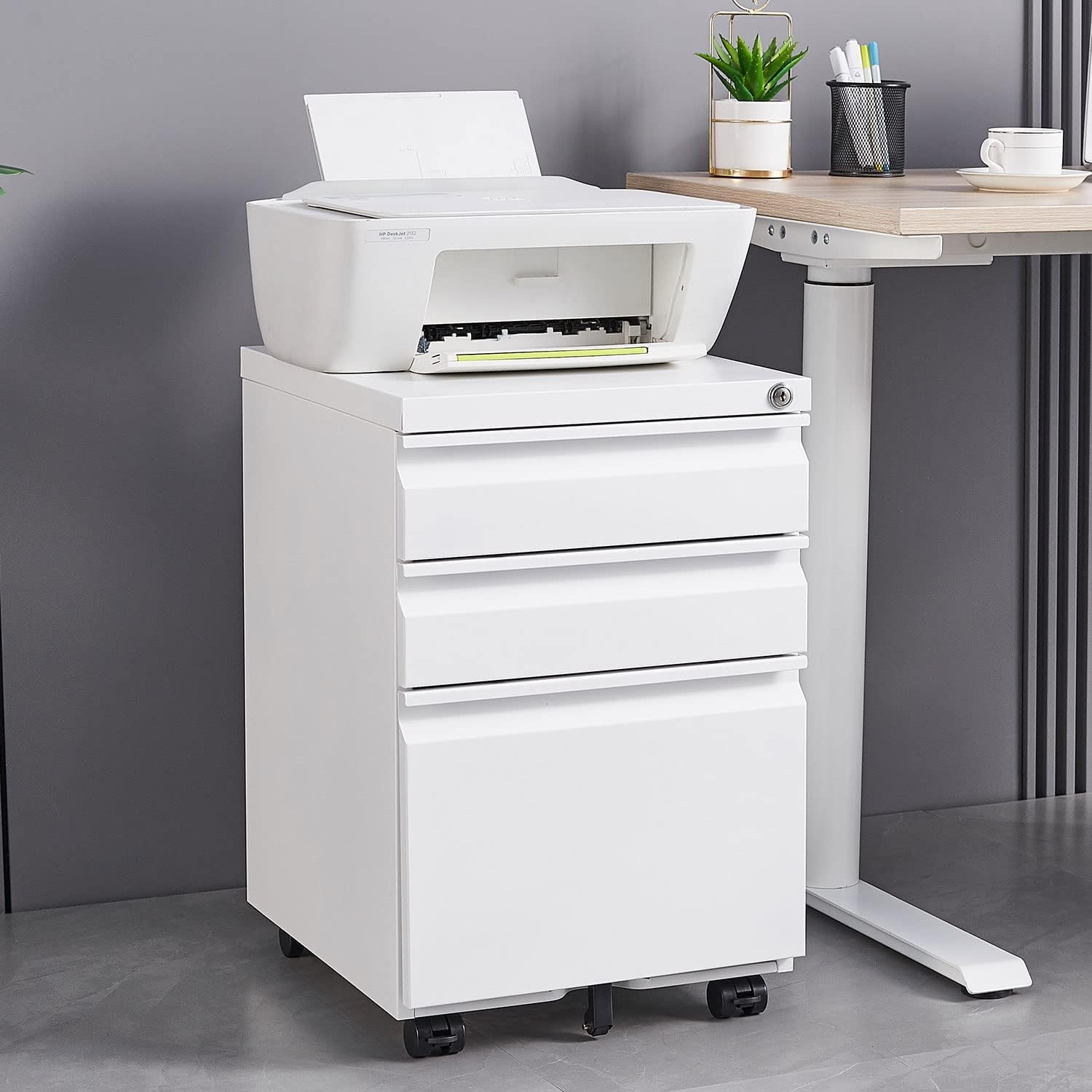 Metal File Cabinets for Home Office 3 Drawer Mobile Filing Cabinet with Lock 5 Rolling Wheels White Vertical Office Cabinet fits A4/Letter/Legal Size Fully Assembled