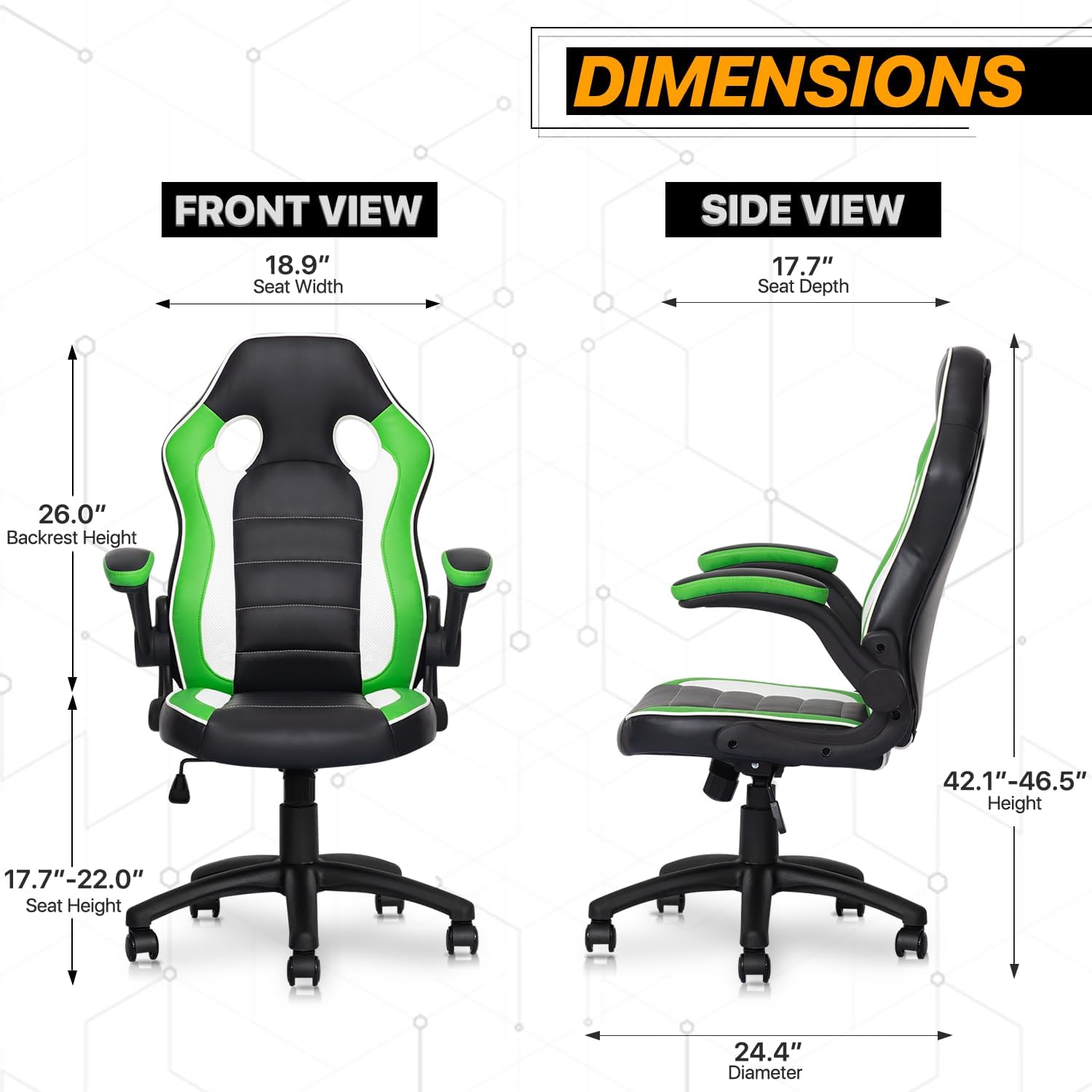 Computer Gaming Chair in Green Ergonomic Video Game Adjustable Swivel Task Chair Padded Flip-up Arms with Wheels for Teens Adults Gamer, Black/Green