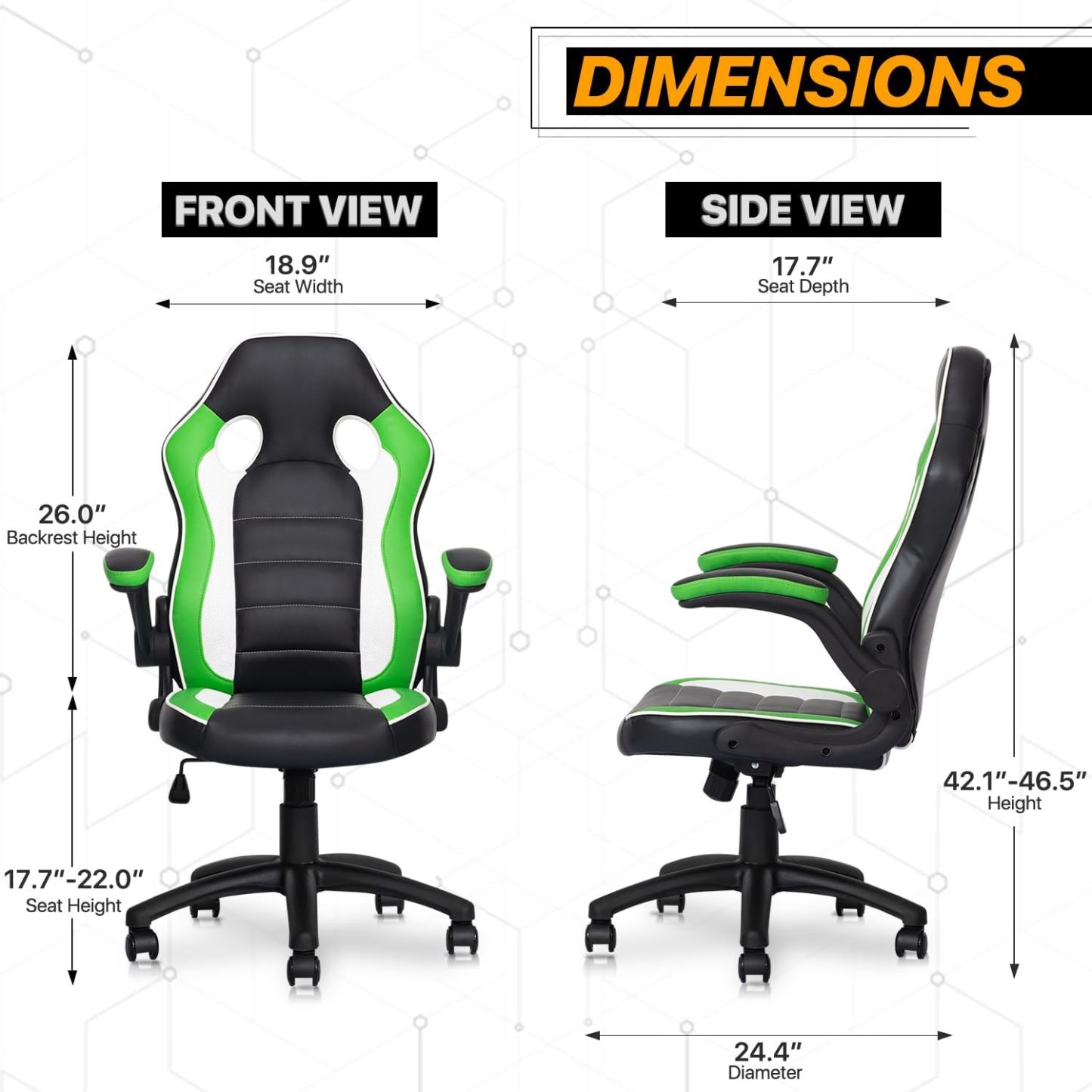 Computer Gaming Chair in Green Ergonomic Video Game Adjustable Swivel Task Chair Padded Flip-up Arms with Wheels for Teens Adults Gamer, Black/Green