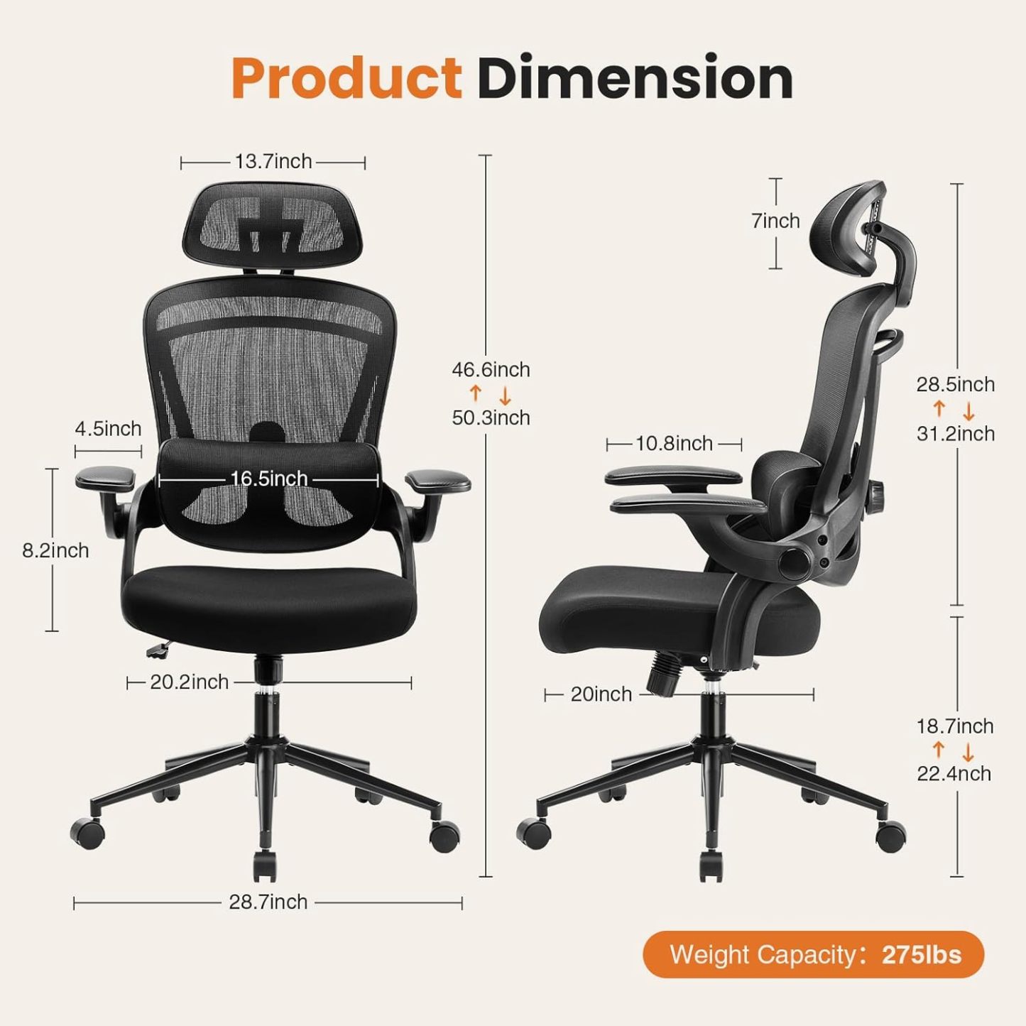 Ergonomic Office Chair with Headrest Adjustable Lumbar Support Flip-up Armrests Mesh High Back Adjustable Height Computer Desk Gaming Chair with Flip-up Armrests,120°Tilt, Black