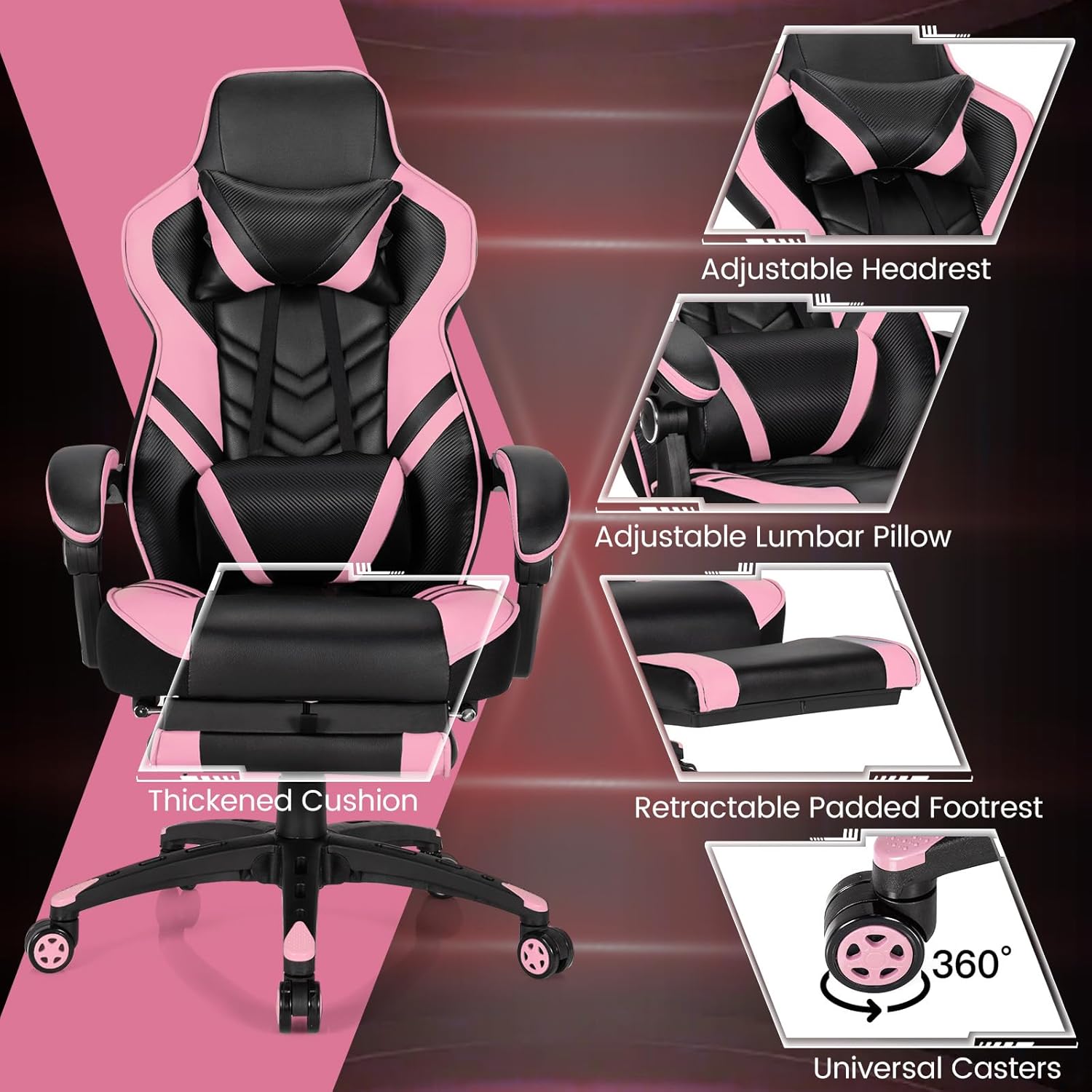 Computer Chair with Footrest and Lumbar Support, Height Adjustable Executive Swivel Rolling Task Chair with 90°-155° Tilt Function (Pink)