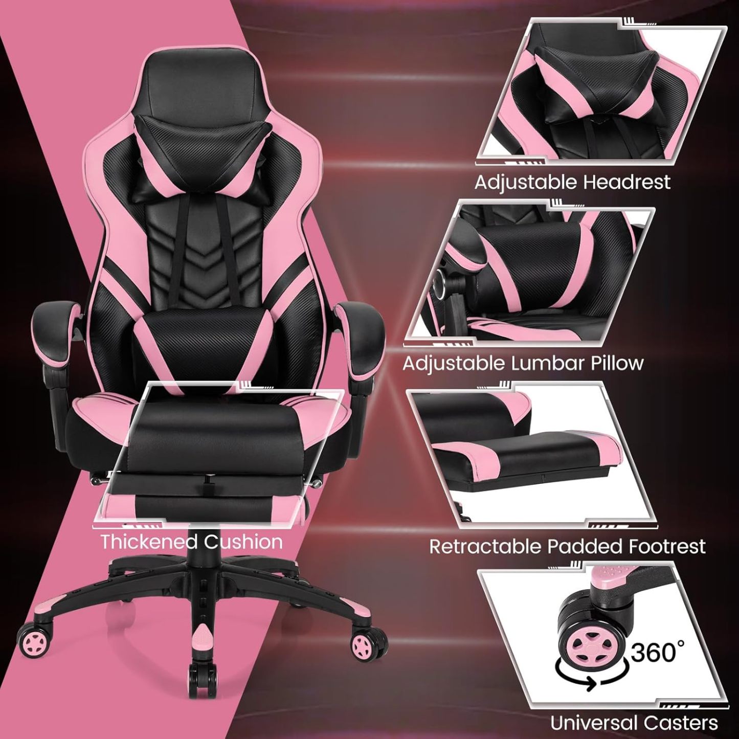 Computer Chair with Footrest and Lumbar Support, Height Adjustable Executive Swivel Rolling Task Chair with 90°-155° Tilt Function (Pink)