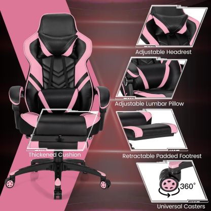 Computer Chair with Footrest and Lumbar Support, Height Adjustable Executive Swivel Rolling Task Chair with 90°-155° Tilt Function (Pink)