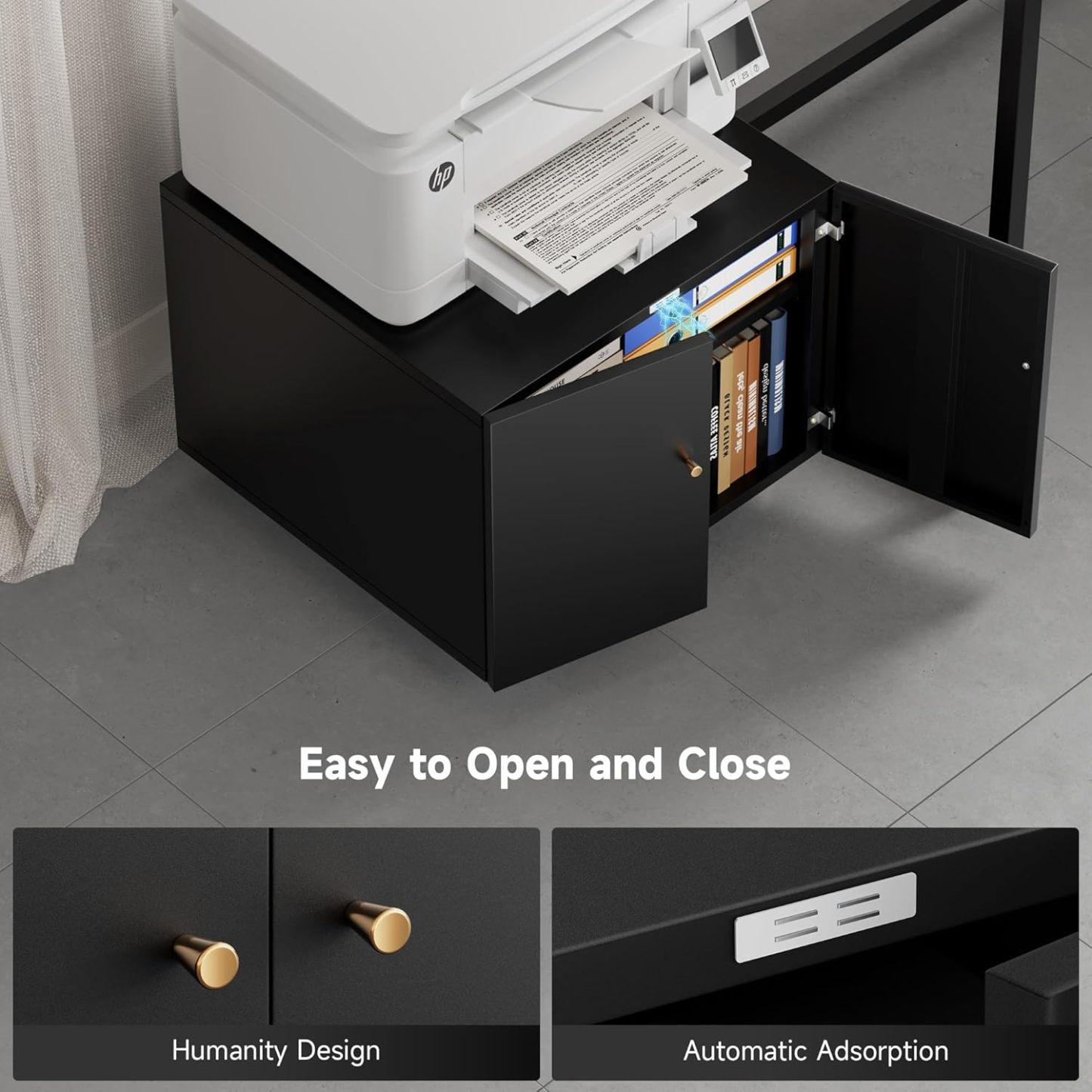 Metal Printer Stand with Storage Mobile Printer Tables for Small Spaces with Door Adjustable Shelf Black File Cabinet on Wheels for Home Office
