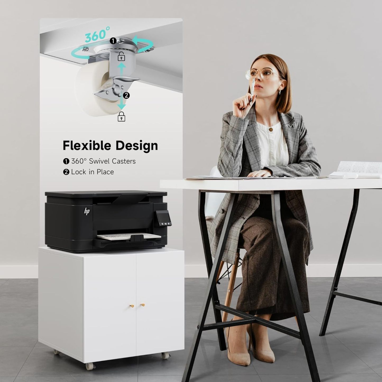 Metal Printer Stand with Storage Mobile Printer Tables for Small Spaces with Door Adjustable Shelf File Cabinet on Wheels for Home Office (White)