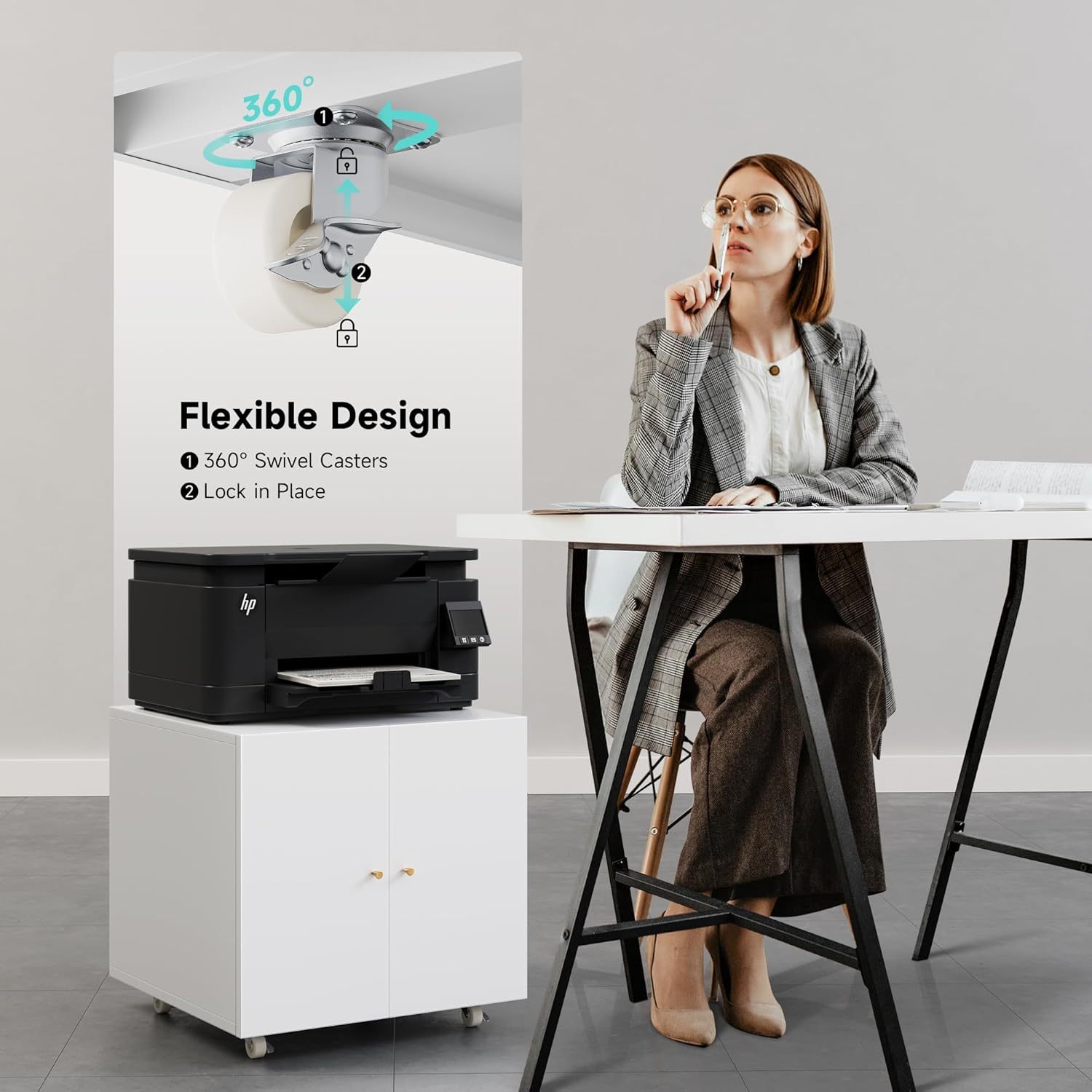 Metal Printer Stand with Storage Mobile Printer Tables for Small Spaces with Door Adjustable Shelf File Cabinet on Wheels for Home Office (White)