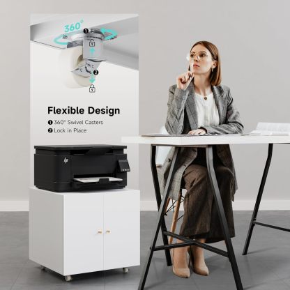 Metal Printer Stand with Storage Mobile Printer Tables for Small Spaces with Door Adjustable Shelf File Cabinet on Wheels for Home Office (White)