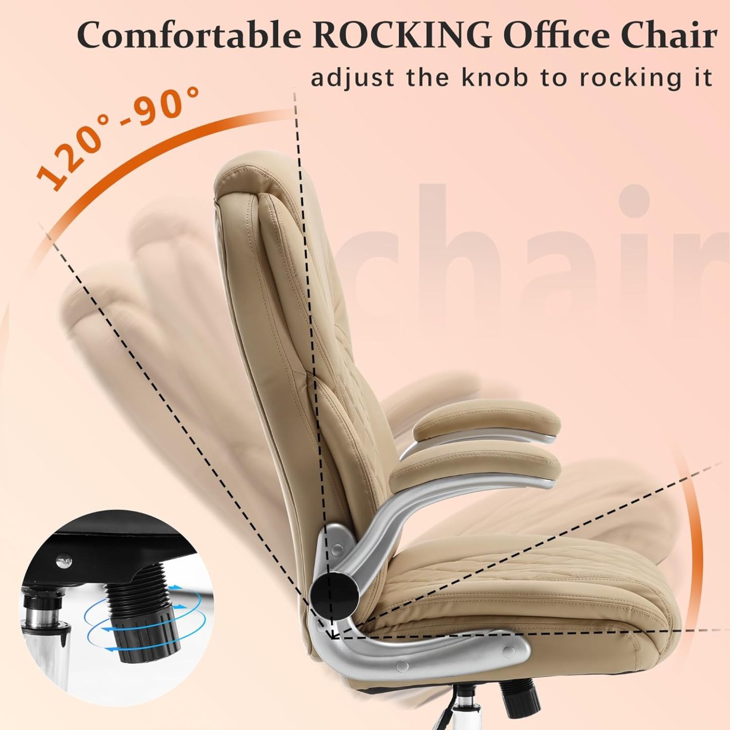 Executive Office Ergonomic Chair with Flip-up Armrests and Lumbar Support Computer High Back Adjustable Desk Chair Rocking PU Leather Modern Swivel Task Chair