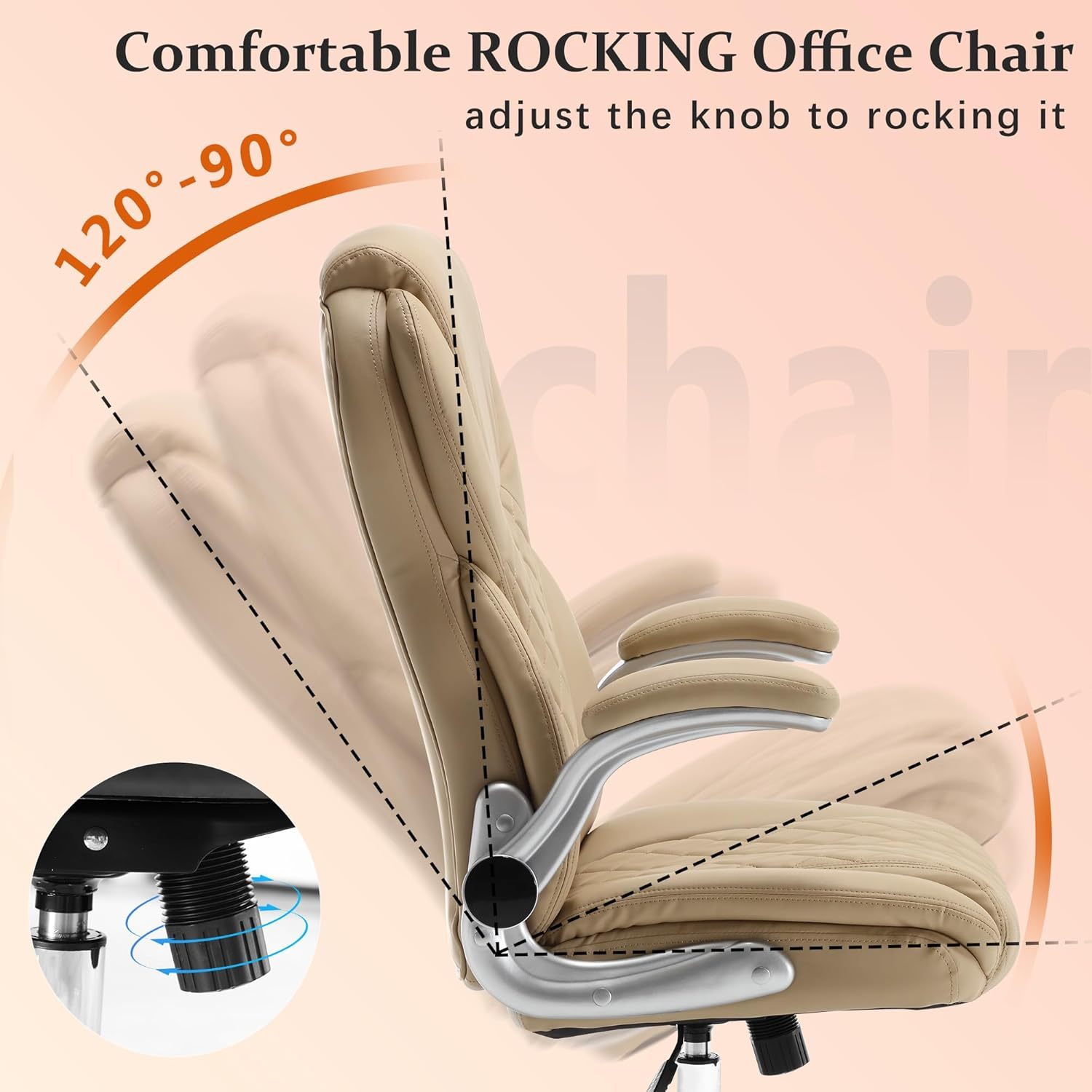 Executive Office Ergonomic Chair with Flip-up Armrests and Lumbar Support Computer High Back Adjustable Desk Chair Rocking PU Leather Modern Swivel Task Chair