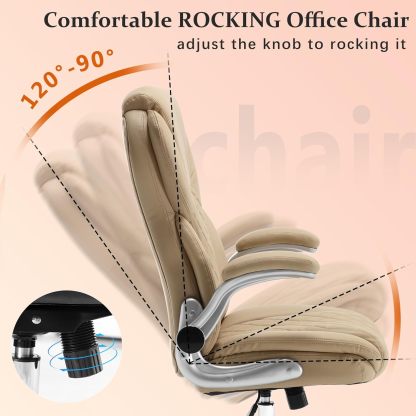 Executive Office Ergonomic Chair with Flip-up Armrests and Lumbar Support Computer High Back Adjustable Desk Chair Rocking PU Leather Modern Swivel Task Chair