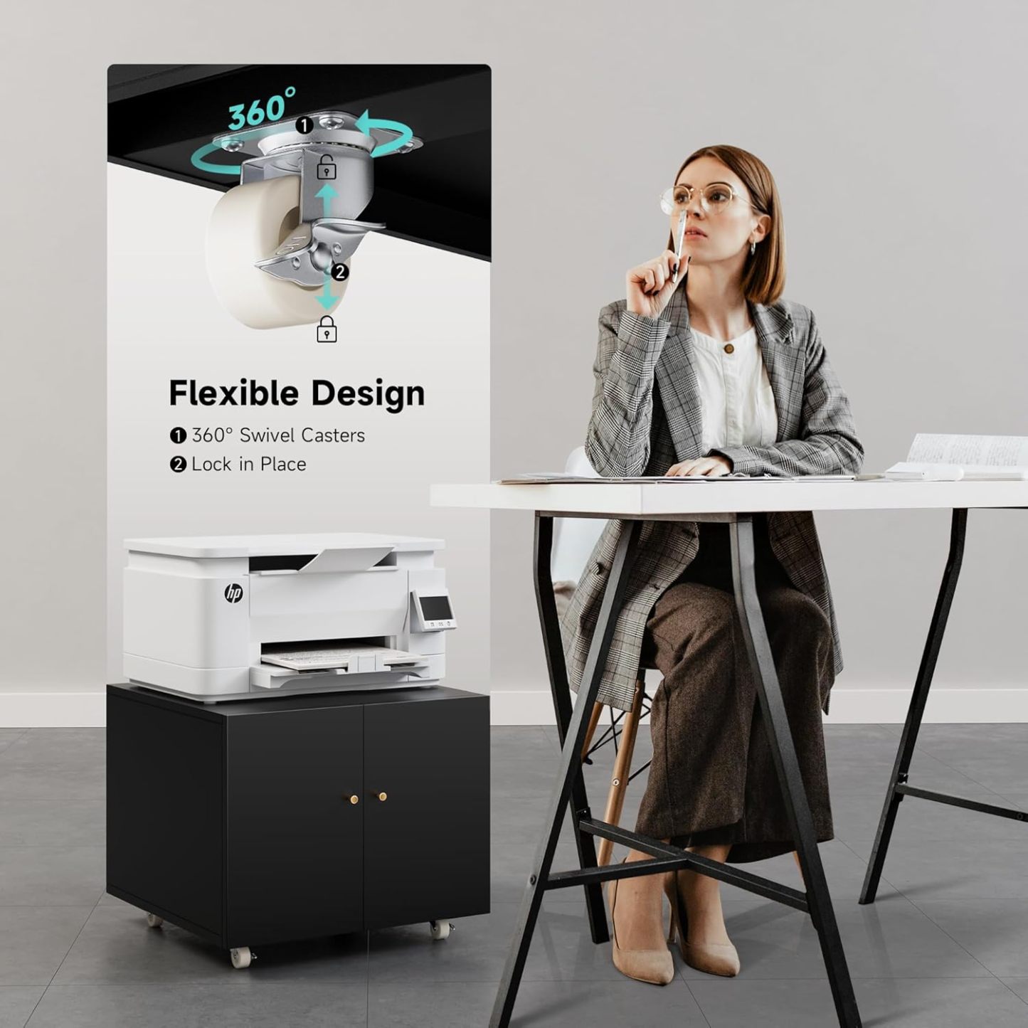 Metal Printer Stand with Storage Mobile Printer Tables for Small Spaces with Door Adjustable Shelf Black File Cabinet on Wheels for Home Office