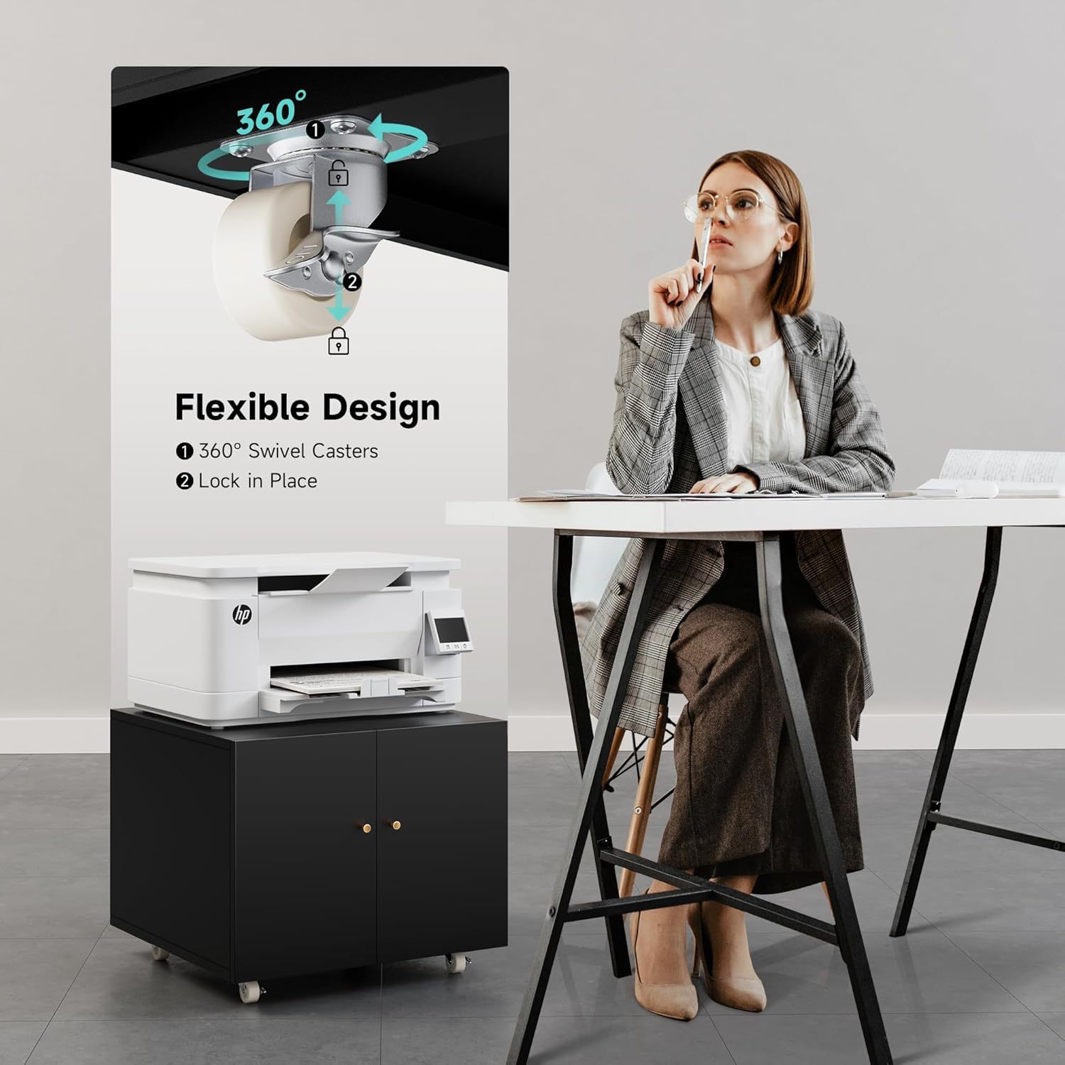 Metal Printer Stand with Storage Mobile Printer Tables for Small Spaces with Door Adjustable Shelf Black File Cabinet on Wheels for Home Office