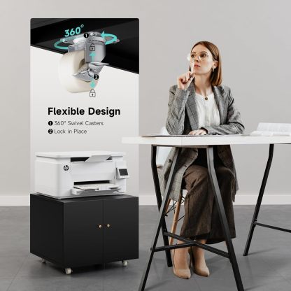 Metal Printer Stand with Storage Mobile Printer Tables for Small Spaces with Door Adjustable Shelf Black File Cabinet on Wheels for Home Office