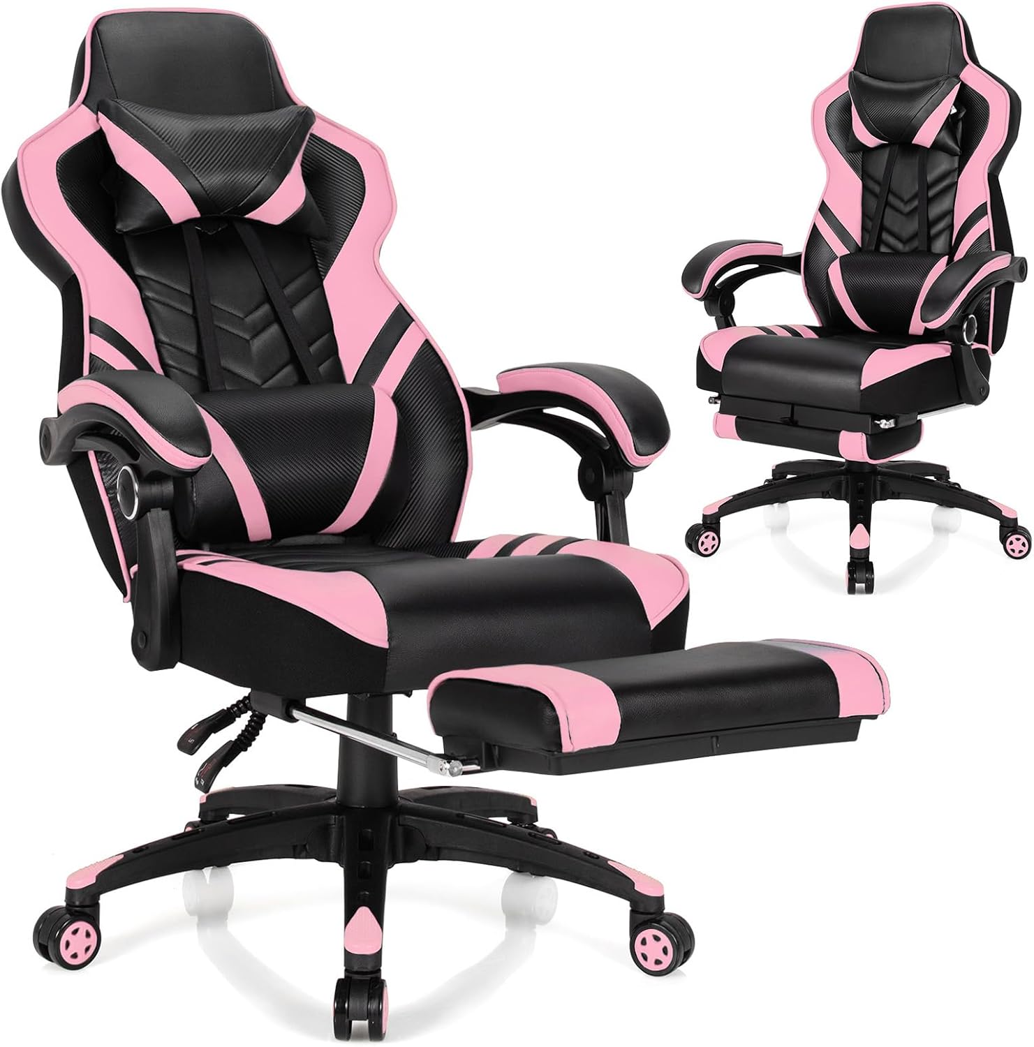 Computer Chair with Footrest and Lumbar Support, Height Adjustable Executive Swivel Rolling Task Chair with 90°-155° Tilt Function (Pink)