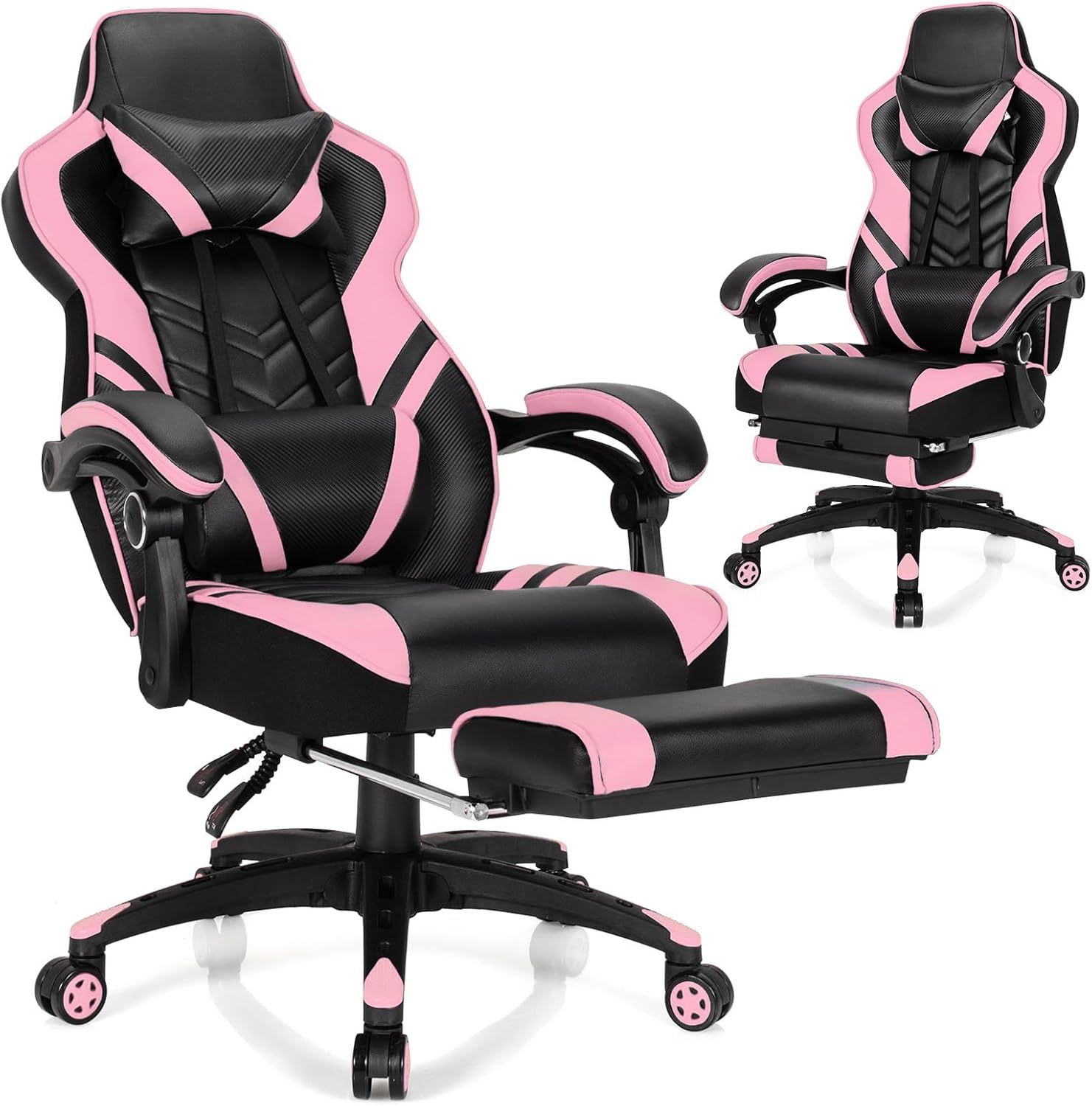 Computer Chair with Footrest and Lumbar Support, Height Adjustable Executive Swivel Rolling Task Chair with 90°-155° Tilt Function (Pink)