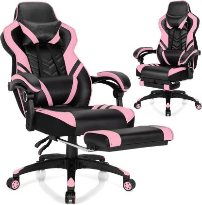 Computer Chair with Footrest and Lumbar Support, Height Adjustable Executive Swivel Rolling Task Chair with 90°-155° Tilt Function (Pink)