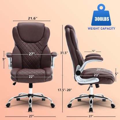 Executive Office Ergonomic Chair with Flip-up Armrests and Lumbar Support Computer High Back Adjustable Desk Chair Rocking PU Leather Modern Swivel Task Chair