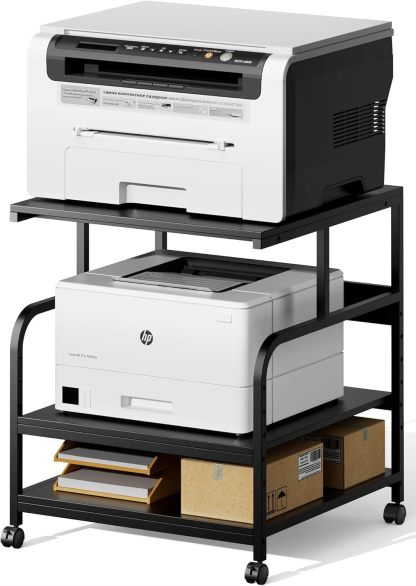 Printer Stand with Adjustable Storage Shelf - Large Printer Table with Wheels - 3 Tier Rolling Printer Cart