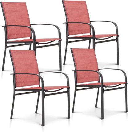 4 Piece Patio Chairs，Outdoor Dining Chairs for 4,Garden Backyard Lawn Yard Furniture,Red Stable Patio Dining Chairs Steel Frame with Textilene Fabric Chair