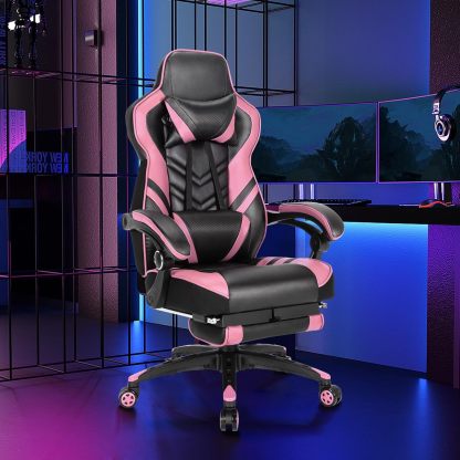 Computer Chair with Footrest and Lumbar Support, Height Adjustable Executive Swivel Rolling Task Chair with 90°-155° Tilt Function (Pink)