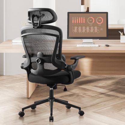 Ergonomic Office Chair with Headrest Adjustable Lumbar Support Flip-up Armrests Mesh High Back Adjustable Height Computer Desk Gaming Chair with Flip-up Armrests,120°Tilt, Black