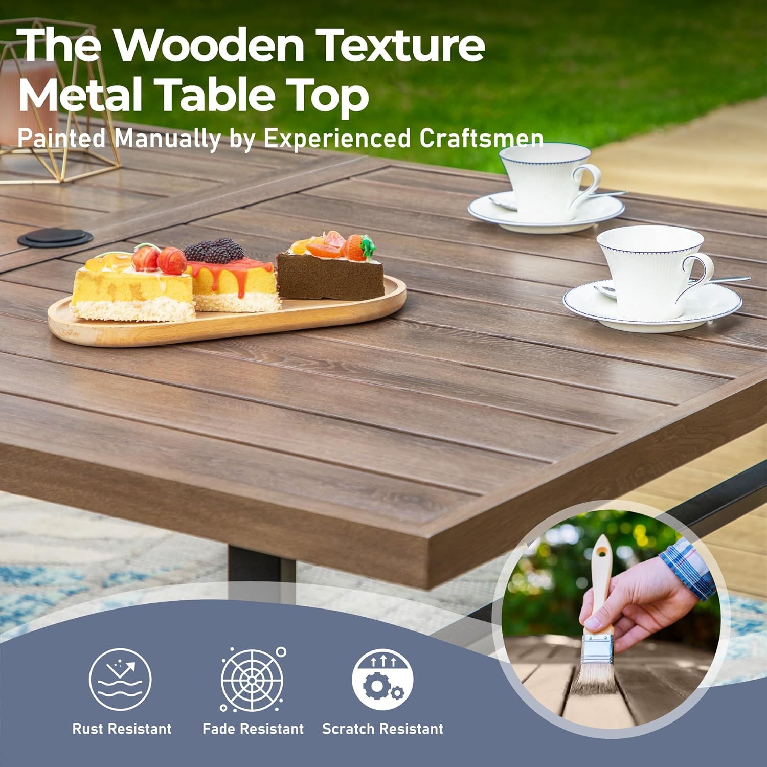 Patio Dining Table 63.8" x 38.2" x28.7" Rectangular Outdoor Dining Table with U-Shaped Legs,Steel Frame with 1.57" Umbrella Hole for Garden Backyard