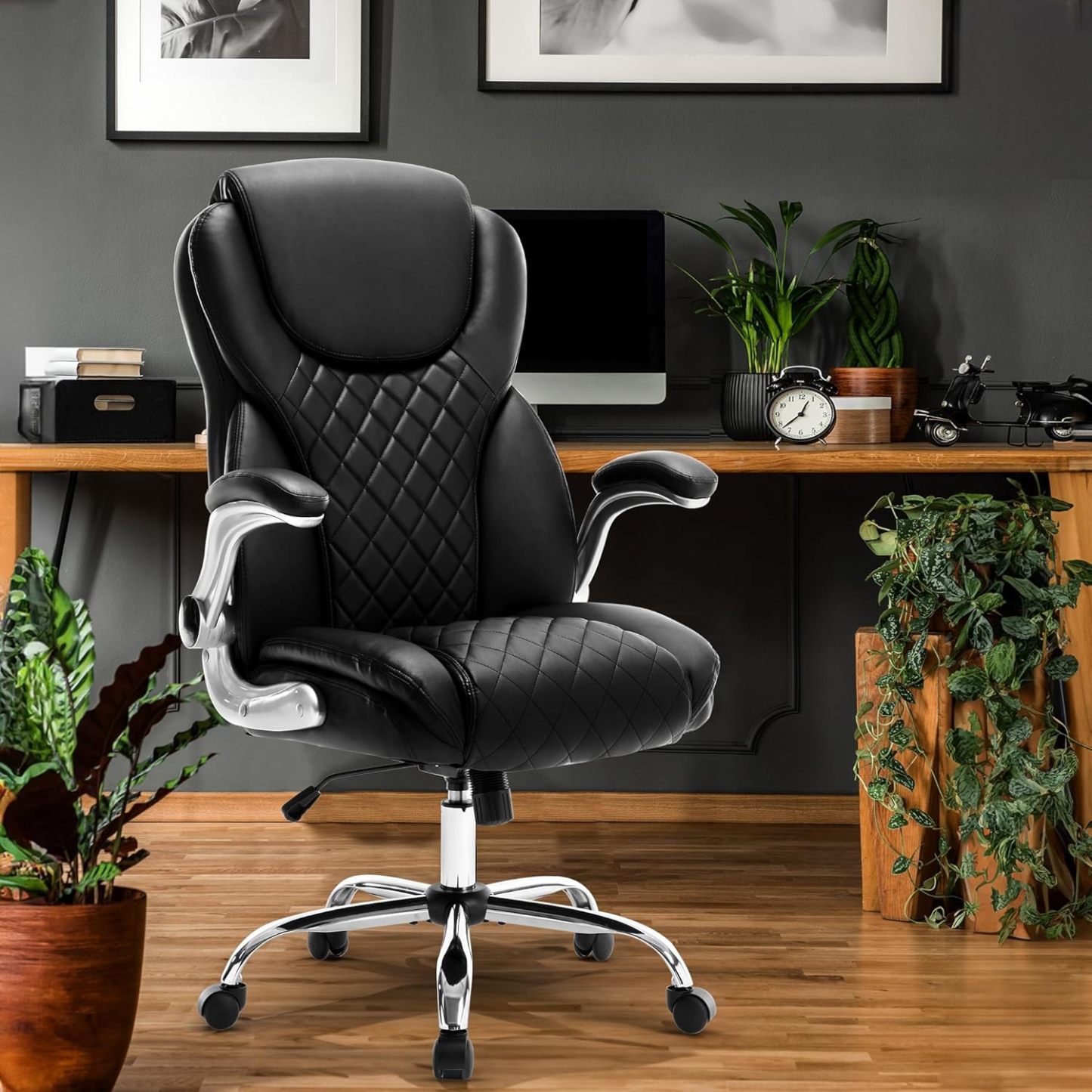 Executive Office Ergonomic Chair with Flip-up Armrests and Lumbar Support Computer High Back Adjustable Desk Chair Rocking PU Leather Modern Swivel Task Chair, Black