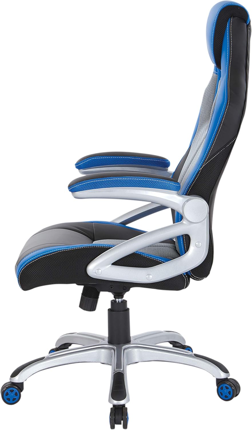 Race Car Adjustable Gaming Chair, Charcoal Grey Bonded Leather with Blue Accents