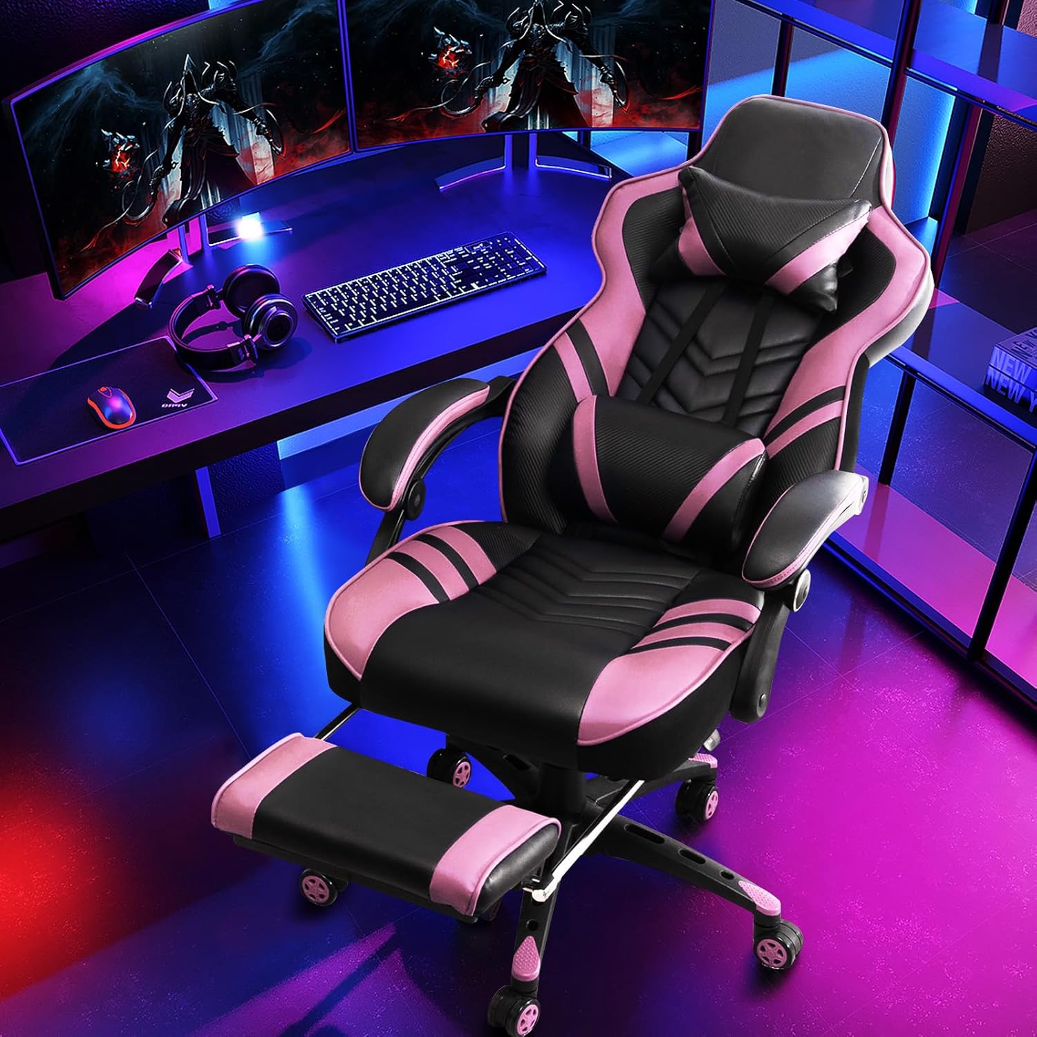 Computer Chair with Footrest and Lumbar Support, Height Adjustable Executive Swivel Rolling Task Chair with 90°-155° Tilt Function (Pink)