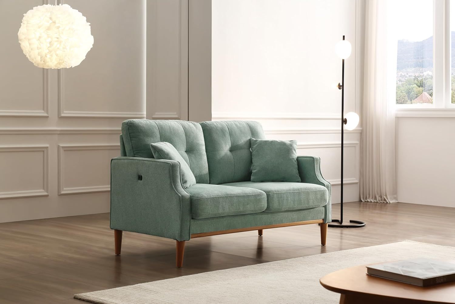 Mid Century Modern Loveseat Couch Small Sofa for Small Space Upholstered Couch with USB Port and 2 Pillows