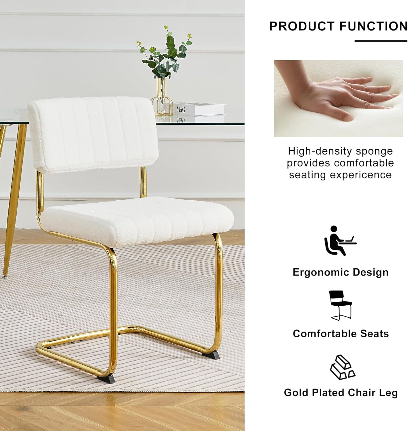 Upholstered Kitchen Dining Table Chairs Set of 2, Modern Luxury Living Room Bedroom Vanity Makeup Accent Chairs, Small Student Desk Chair, Home Restaurant Office Chair with Gold Leg