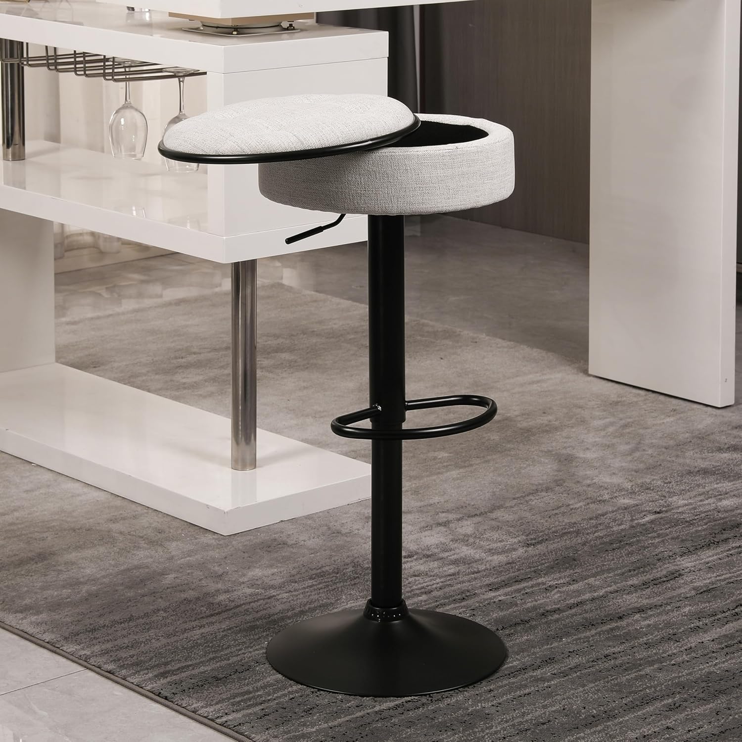 Bar Stools Set of 2 Modern Swivel Bar Chairs, Round Barstools Counter Height with Storage Space, Height Adjustable Linen Bar Stools