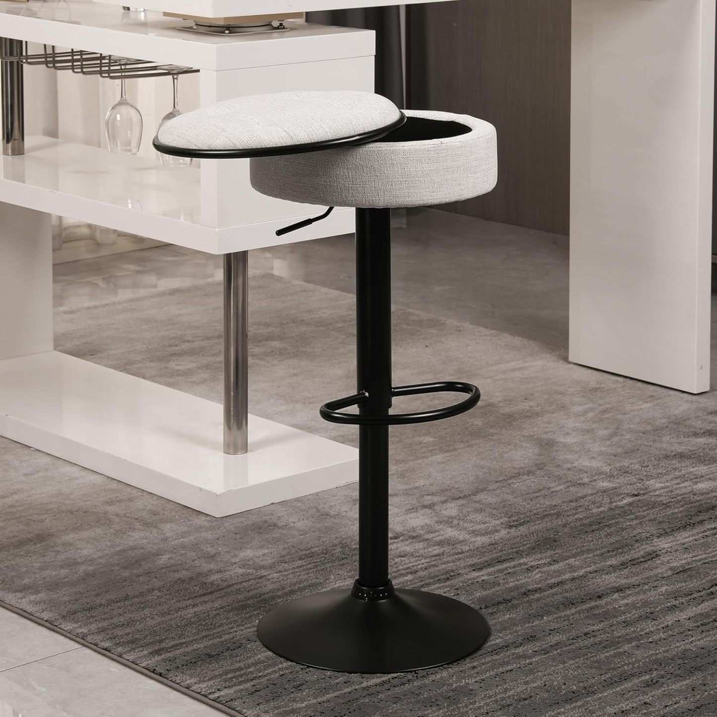 Bar Stools Set of 2 Modern Swivel Bar Chairs, Round Barstools Counter Height with Storage Space, Height Adjustable Linen Bar Stools