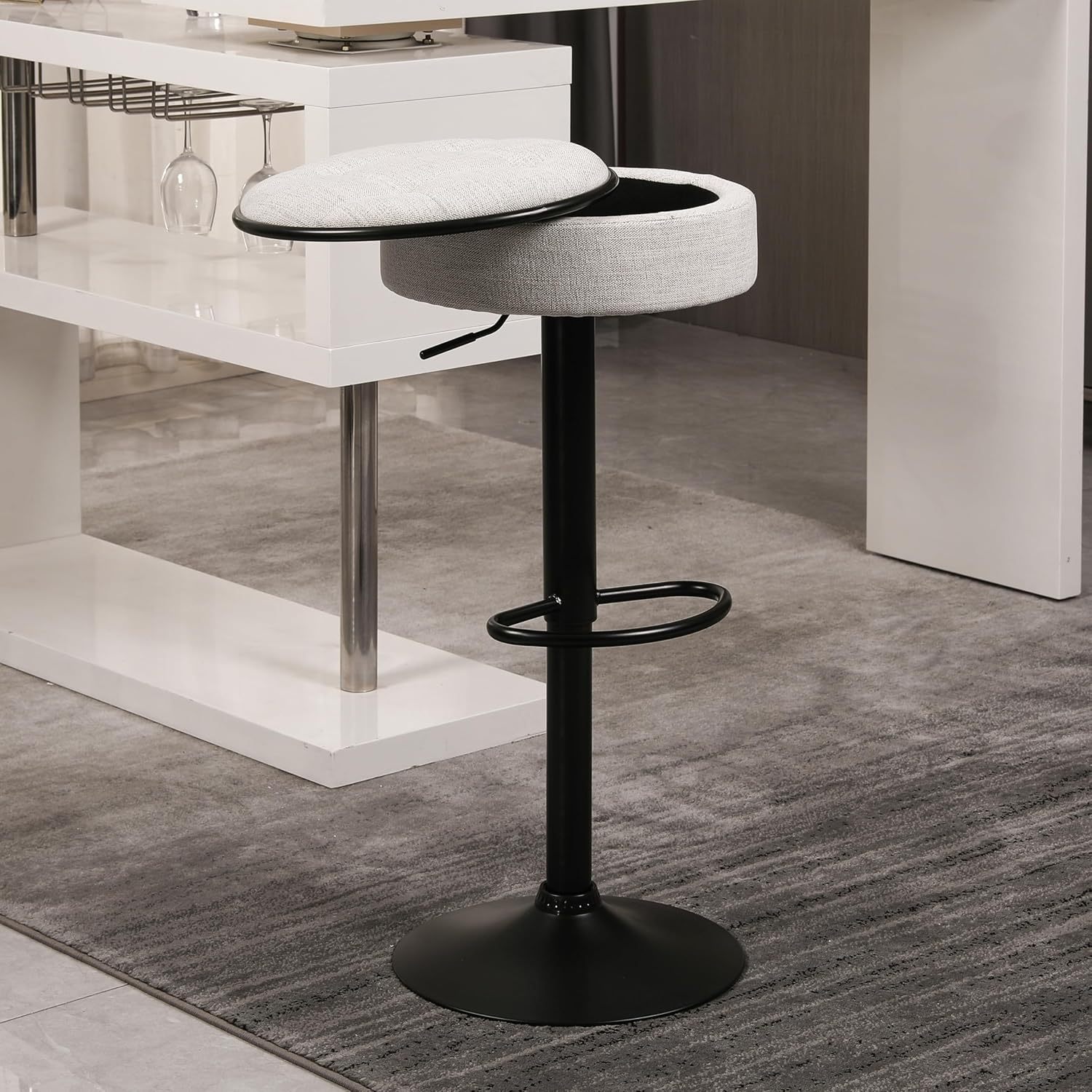Bar Stools Set of 2 Modern Swivel Bar Chairs, Round Barstools Counter Height with Storage Space, Height Adjustable Linen Bar Stools