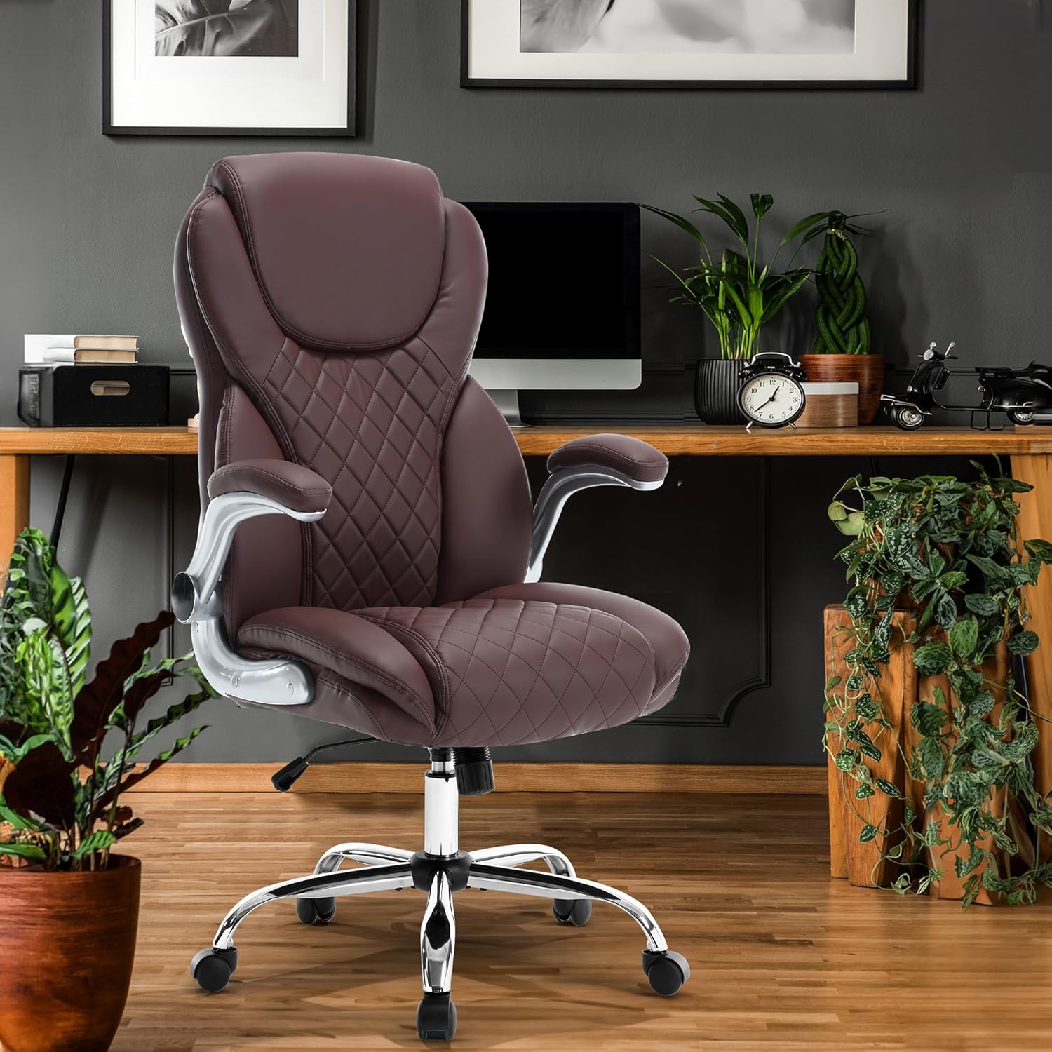 Executive Office Ergonomic Chair with Flip-up Armrests and Lumbar Support Computer High Back Adjustable Desk Chair Rocking PU Leather Modern Swivel Task Chair