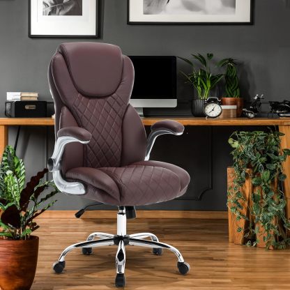 Executive Office Ergonomic Chair with Flip-up Armrests and Lumbar Support Computer High Back Adjustable Desk Chair Rocking PU Leather Modern Swivel Task Chair