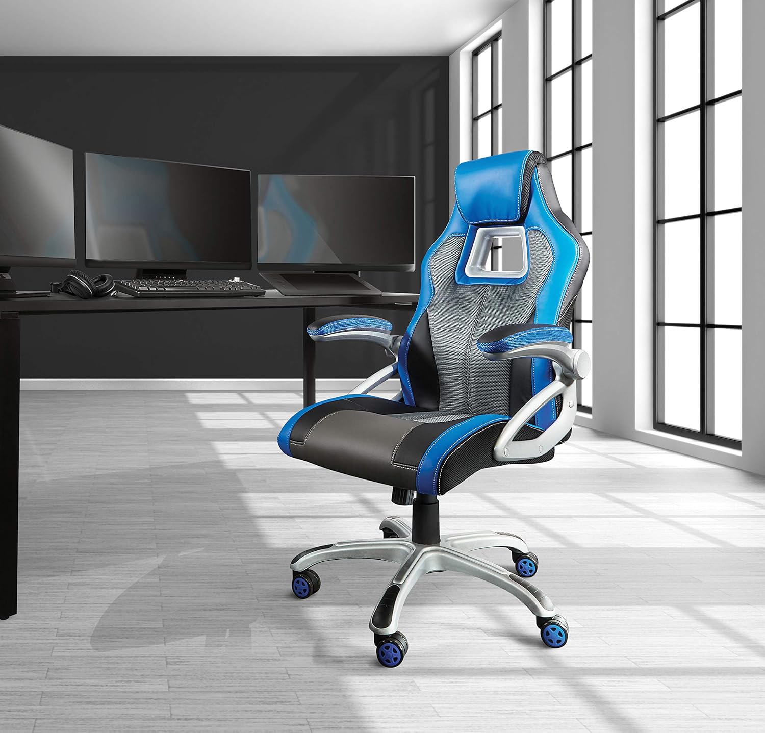 Race Car Adjustable Gaming Chair, Charcoal Grey Bonded Leather with Blue Accents