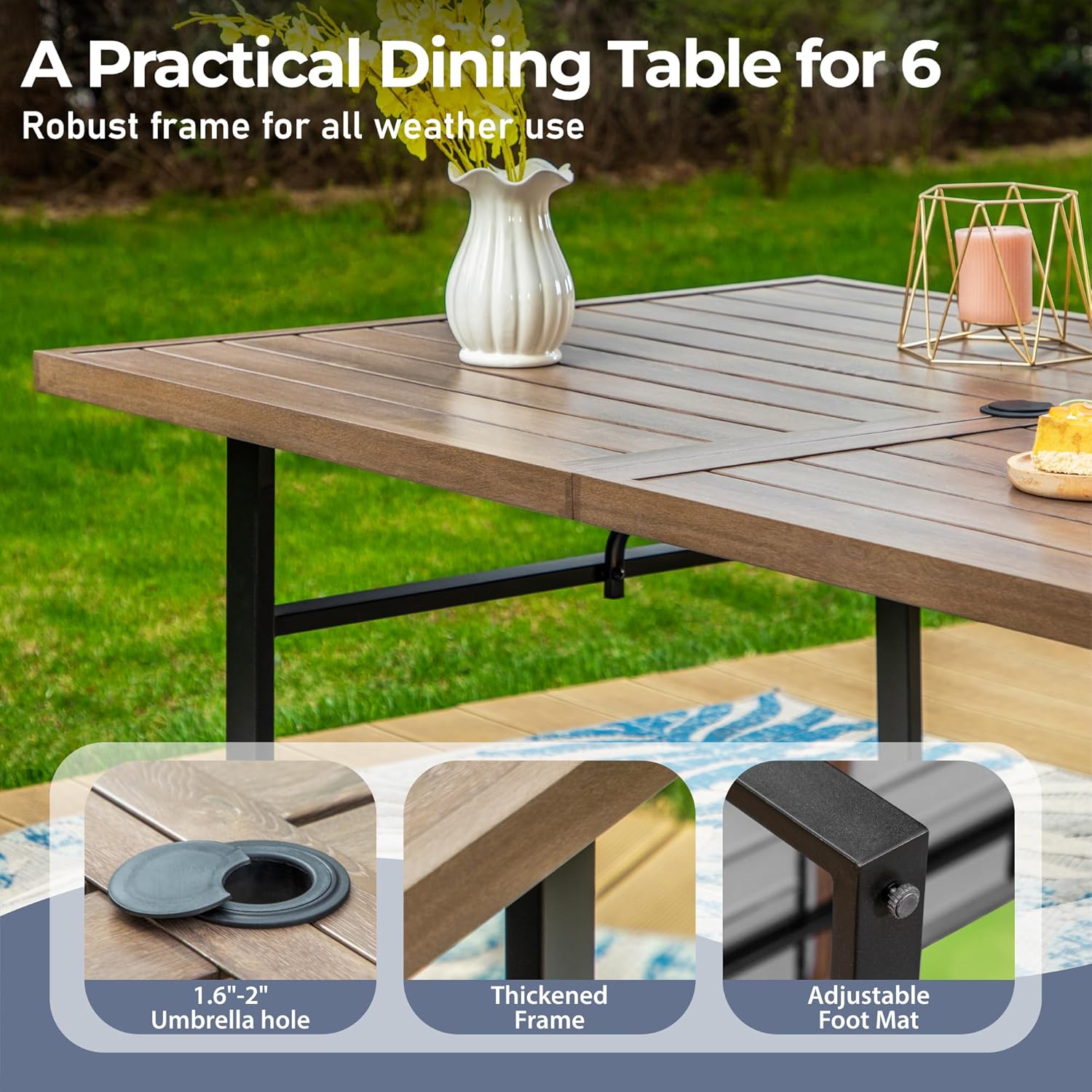 Patio Dining Table 63.8" x 38.2" x28.7" Rectangular Outdoor Dining Table with U-Shaped Legs,Steel Frame with 1.57" Umbrella Hole for Garden Backyard