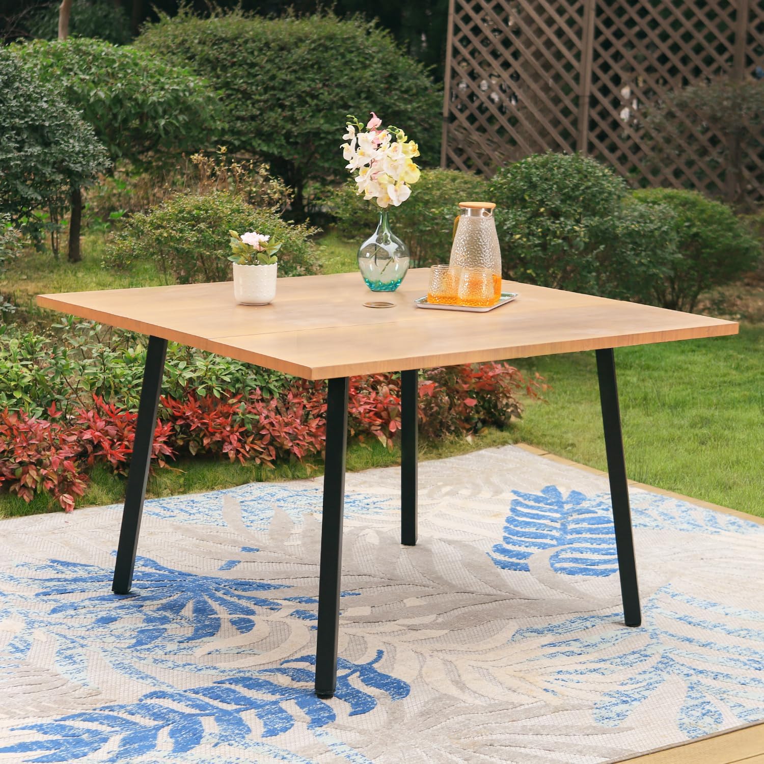 47" x 47" x 28" Patio Dining Table for 4-6, Big Metal Wood-Like Square Table with 1.57" Umbrella Hole for Garden, Backyard, Deck and Porch