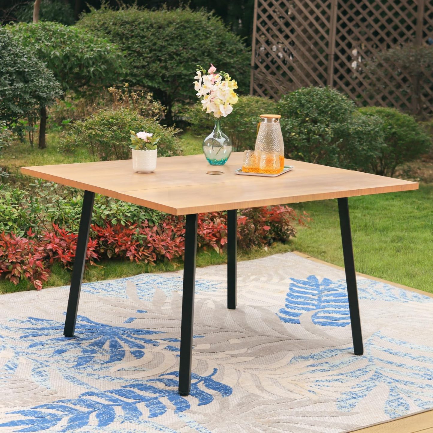47" x 47" x 28" Patio Dining Table for 4-6, Big Metal Wood-Like Square Table with 1.57" Umbrella Hole for Garden, Backyard, Deck and Porch